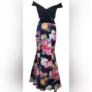Xscape Off-the-Shoulder Navy Blue Floral Maxi Dress